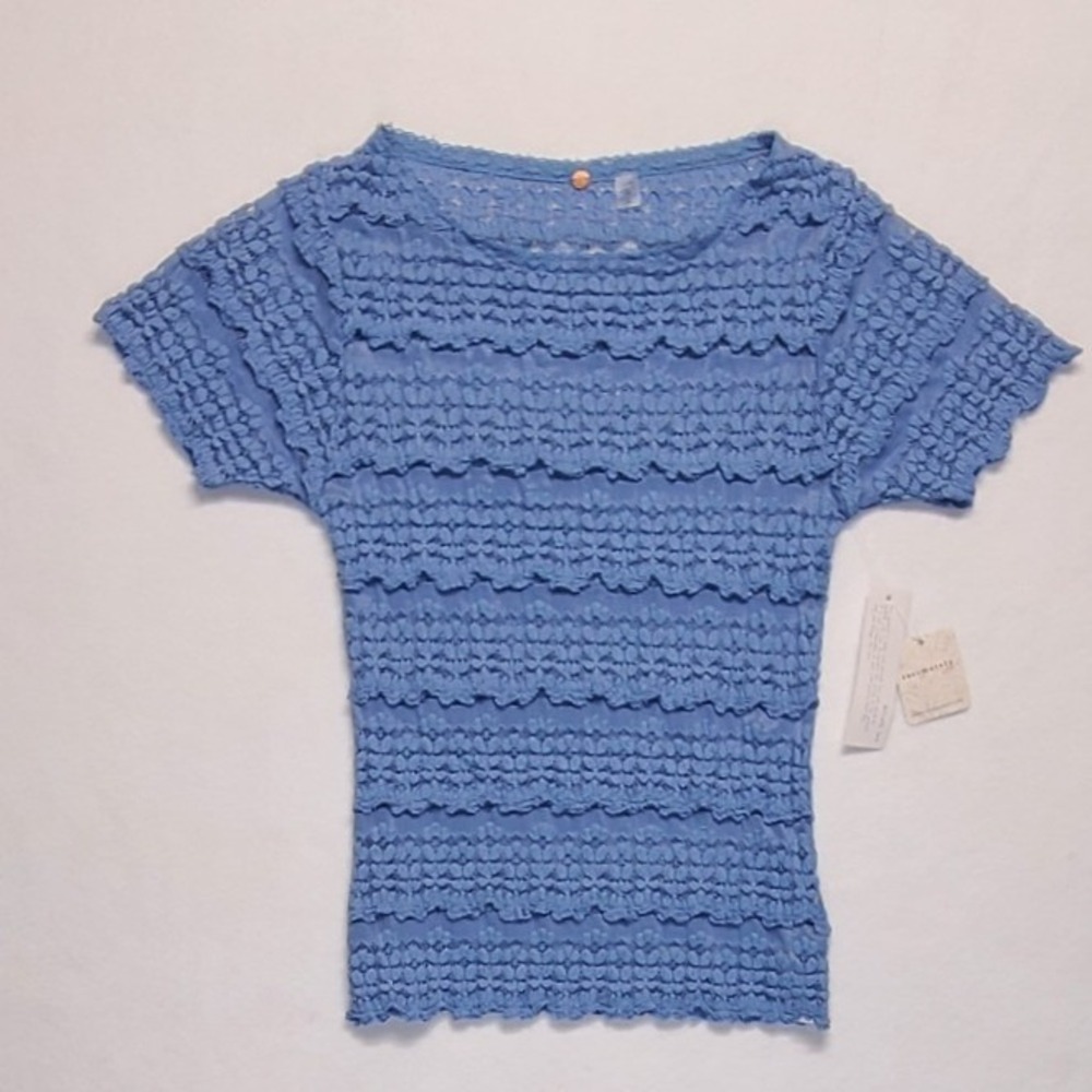 Free People FP One Blue Tiered Lace Ruffle Short Sleeve Top XS NWT